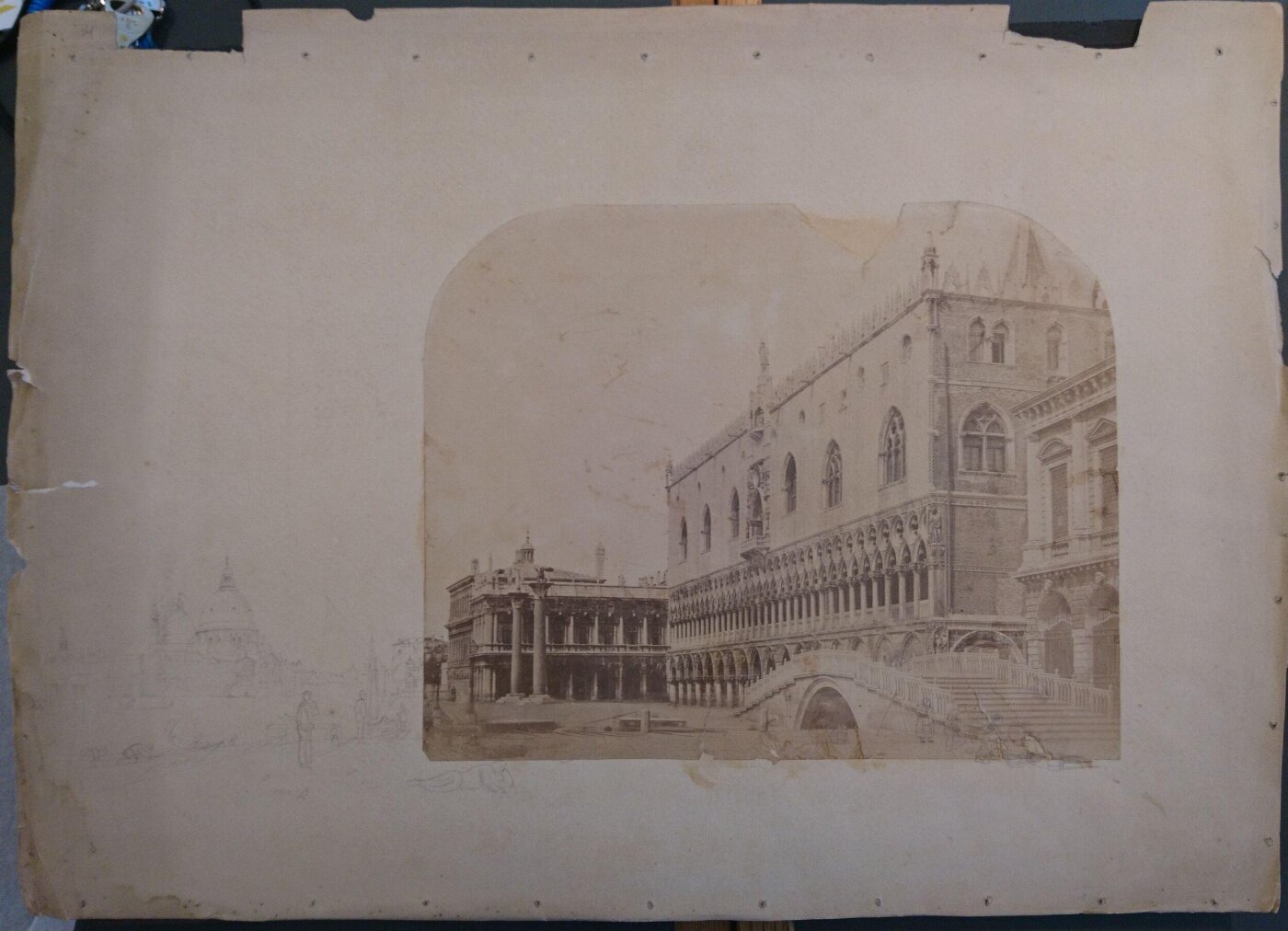 Unknown, Ponte della Paglia and the south (Molo) front of the Ducal Palace, Venice, Italy, with drawings and pencil outlines on and next to the print by John Wharlton Bunney