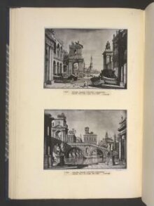 Imaginary view: a canal side flanked by two statues looking towards a bridge and palaces thumbnail 1