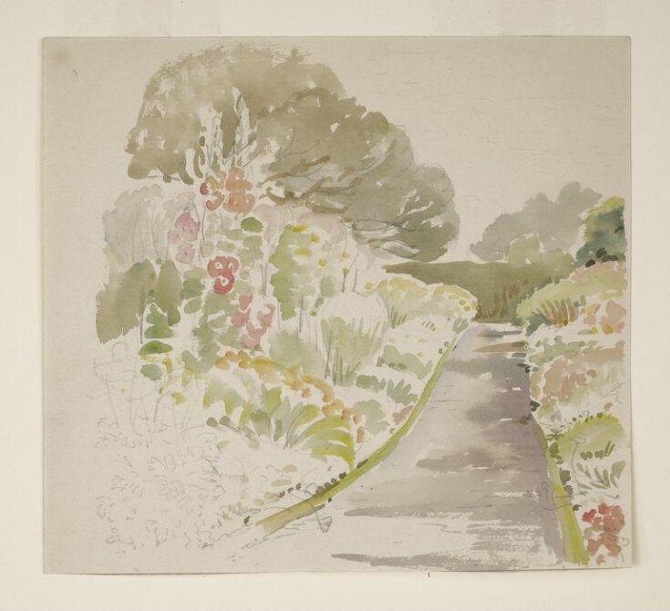 Sketch of a path and flower beds in the garden at Gwaynynog top image