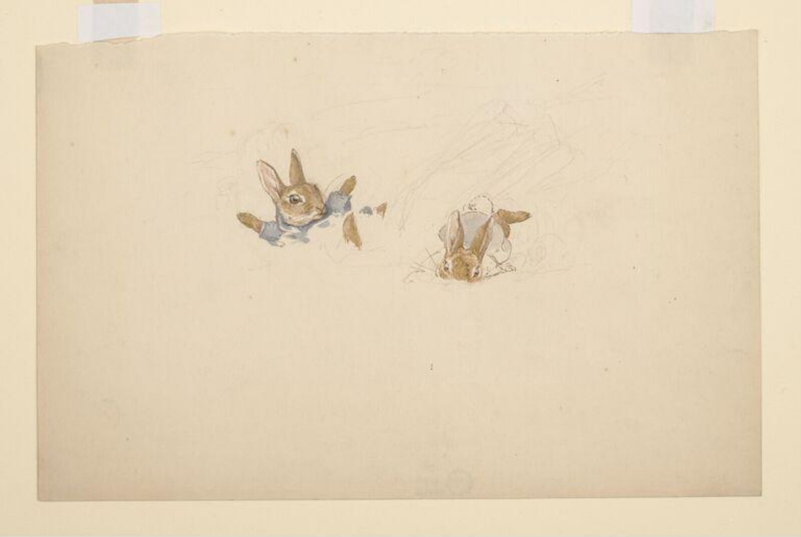 Rabbits falling into snow, Beatrix Potter, ca. 1890s