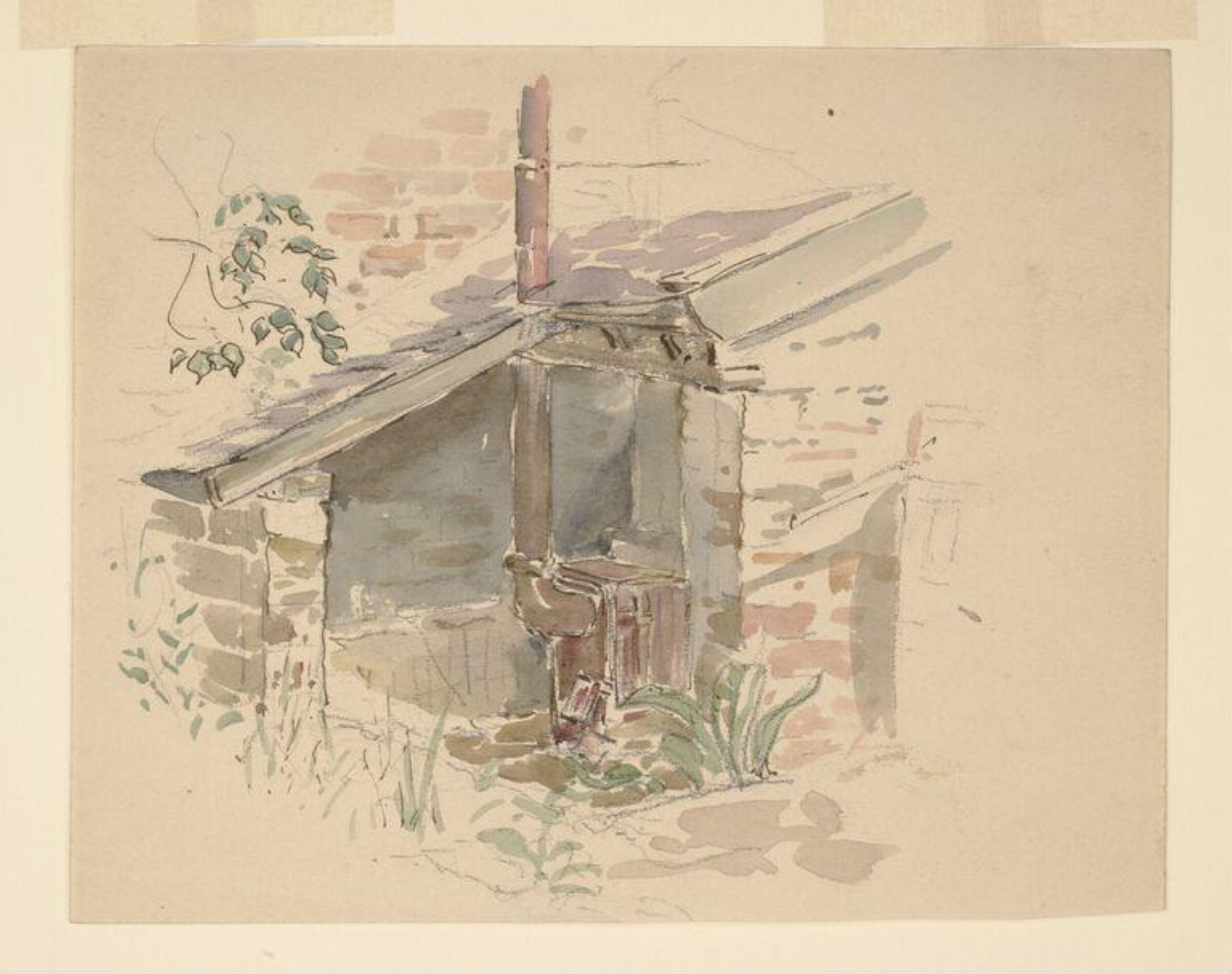 A garden shed with iron stove and chimney in the garden at Gwaynynog, Beatrix Potter, 03/1909