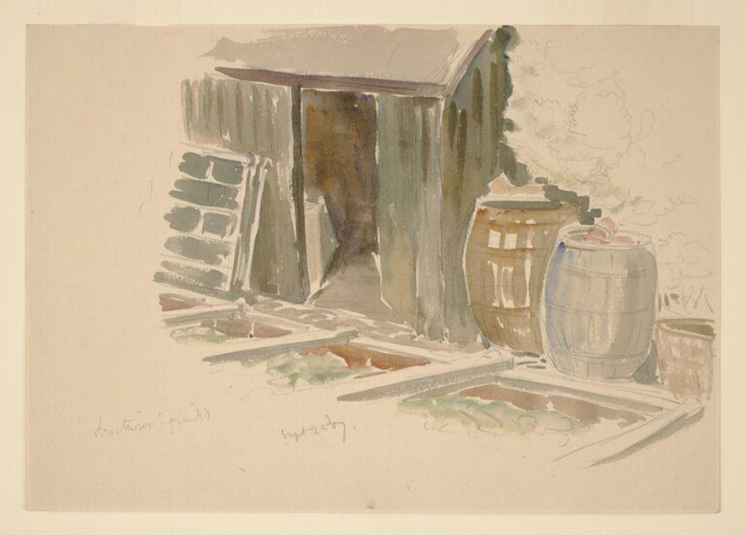 Sketch of a shed, cold frames and water butts in the garden at Gwaynynog, Beatrix Potter, 23/09/1907