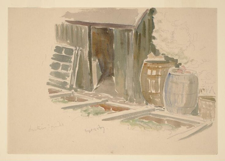 Sketch of a shed, cold frames and water butts in the garden at Gwaynynog top image