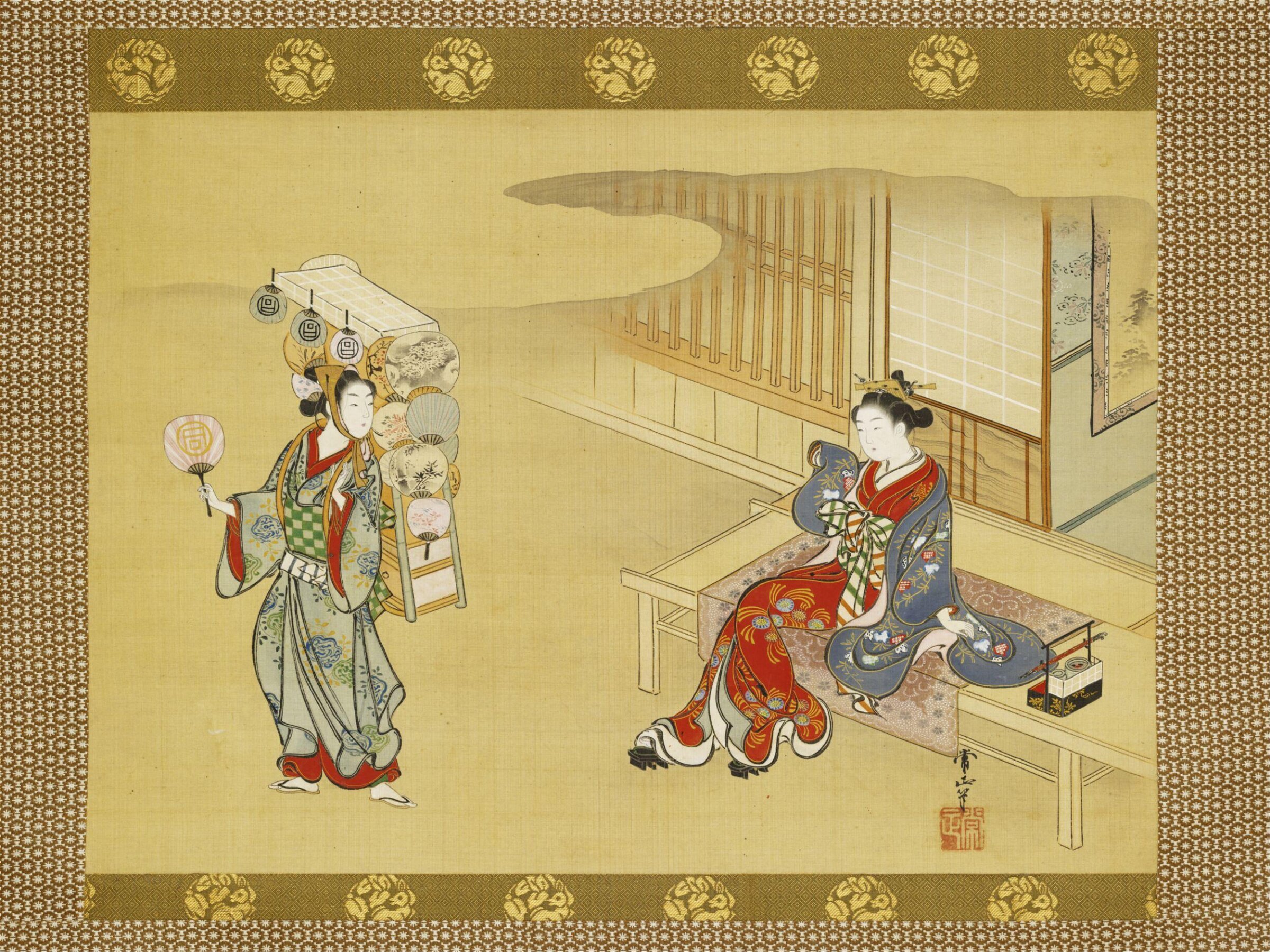 Fan Seller and Courtesan, Tsunemasa Kawamata, 1730-1748
