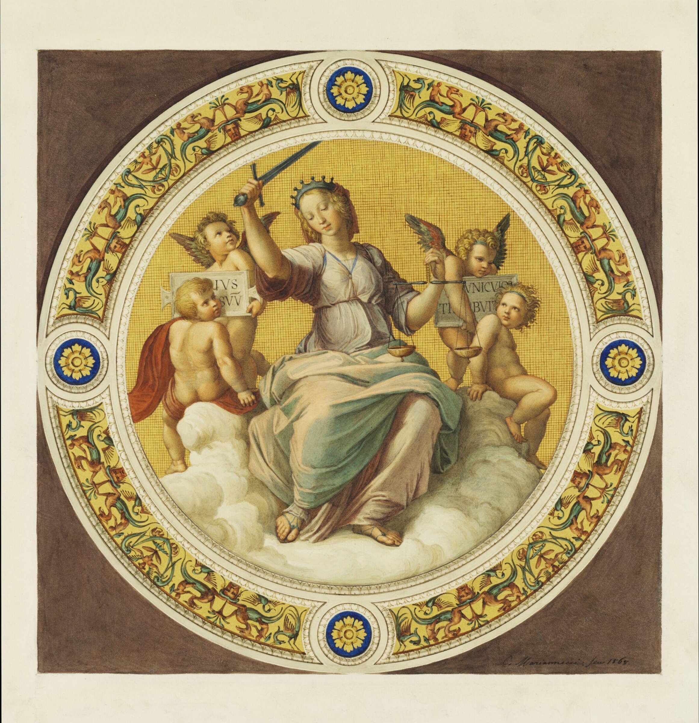 Copy after Raphael’s ceiling fresco representing ‘Jurisprudence’ in the Stanza della Segnatura (Vatican Palace, Rome, 1508-9), 1864, Cesari Mariannecci, 1864