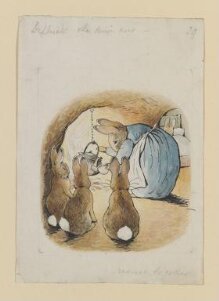 Mrs Rabbit pouring out the tea for Peter while her children look on: variant illustration for The tale of Peter Rabbit thumbnail 1