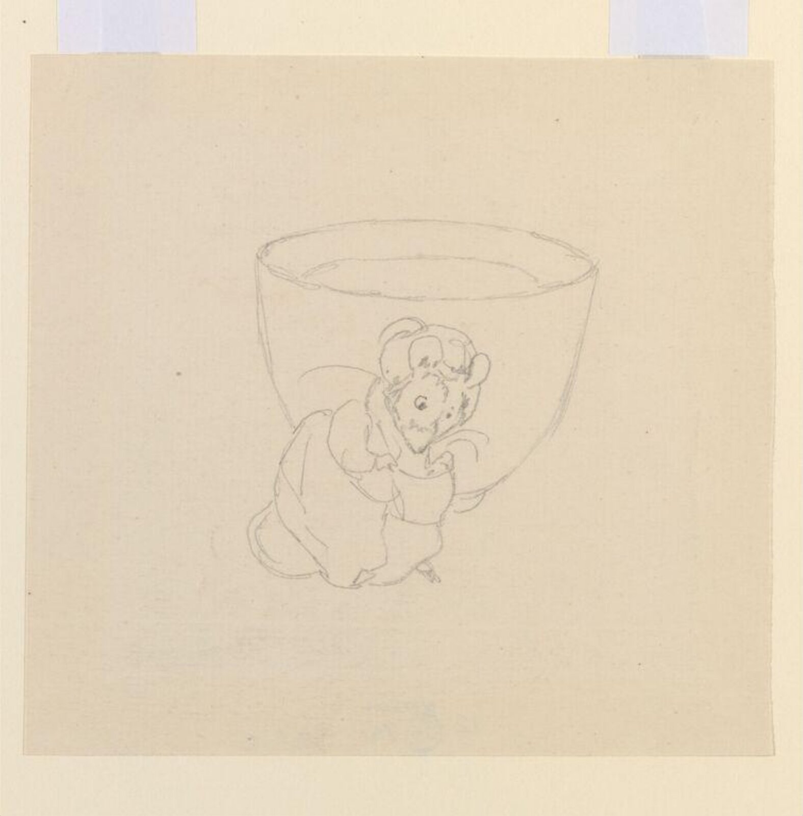 Lady Mouse curtseying beside a teacup, Beatrix Potter, 1903
