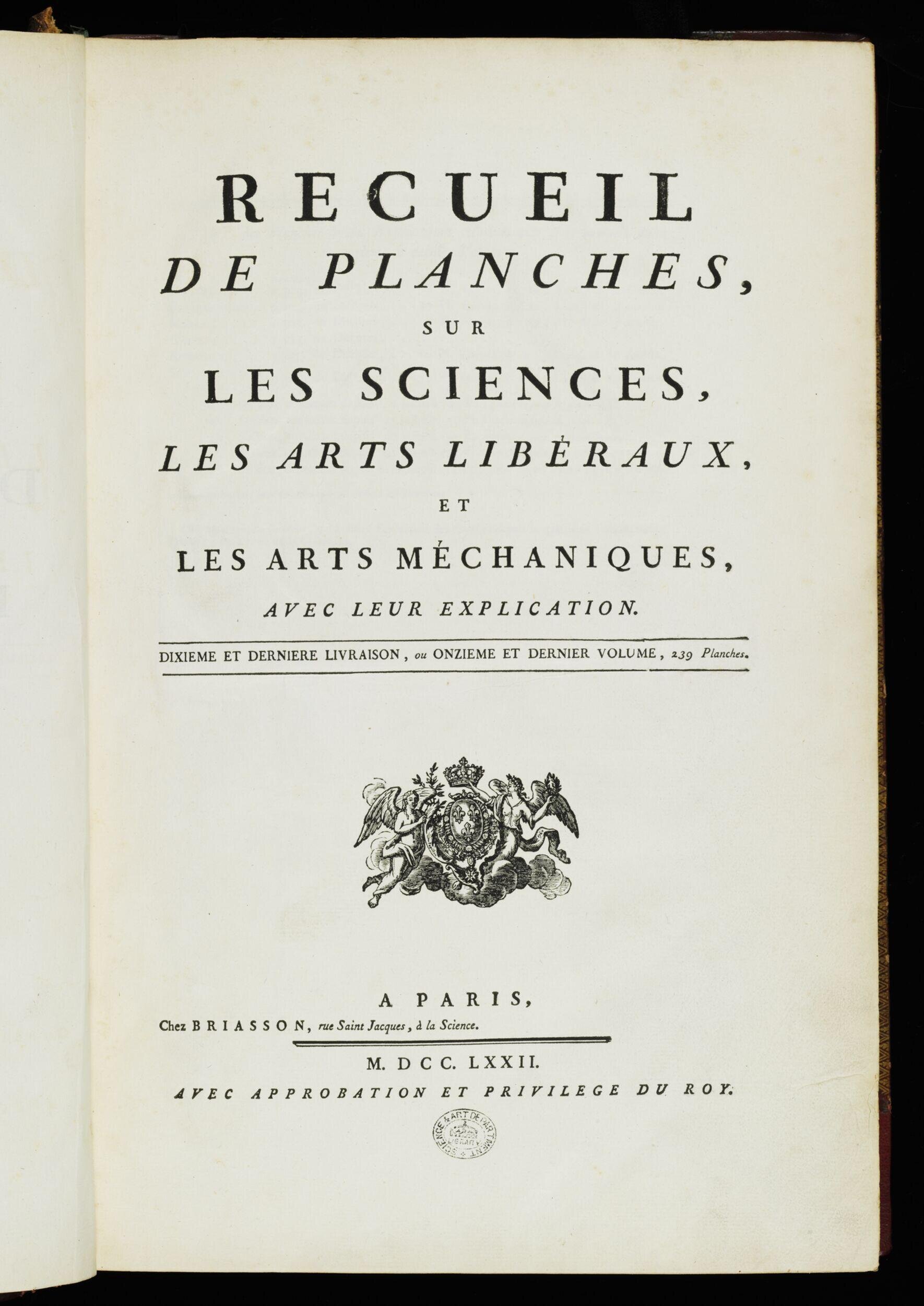 Recueil de planches, sur les sciences, les arts libéraux et les arts méchaniques, avec leur explication