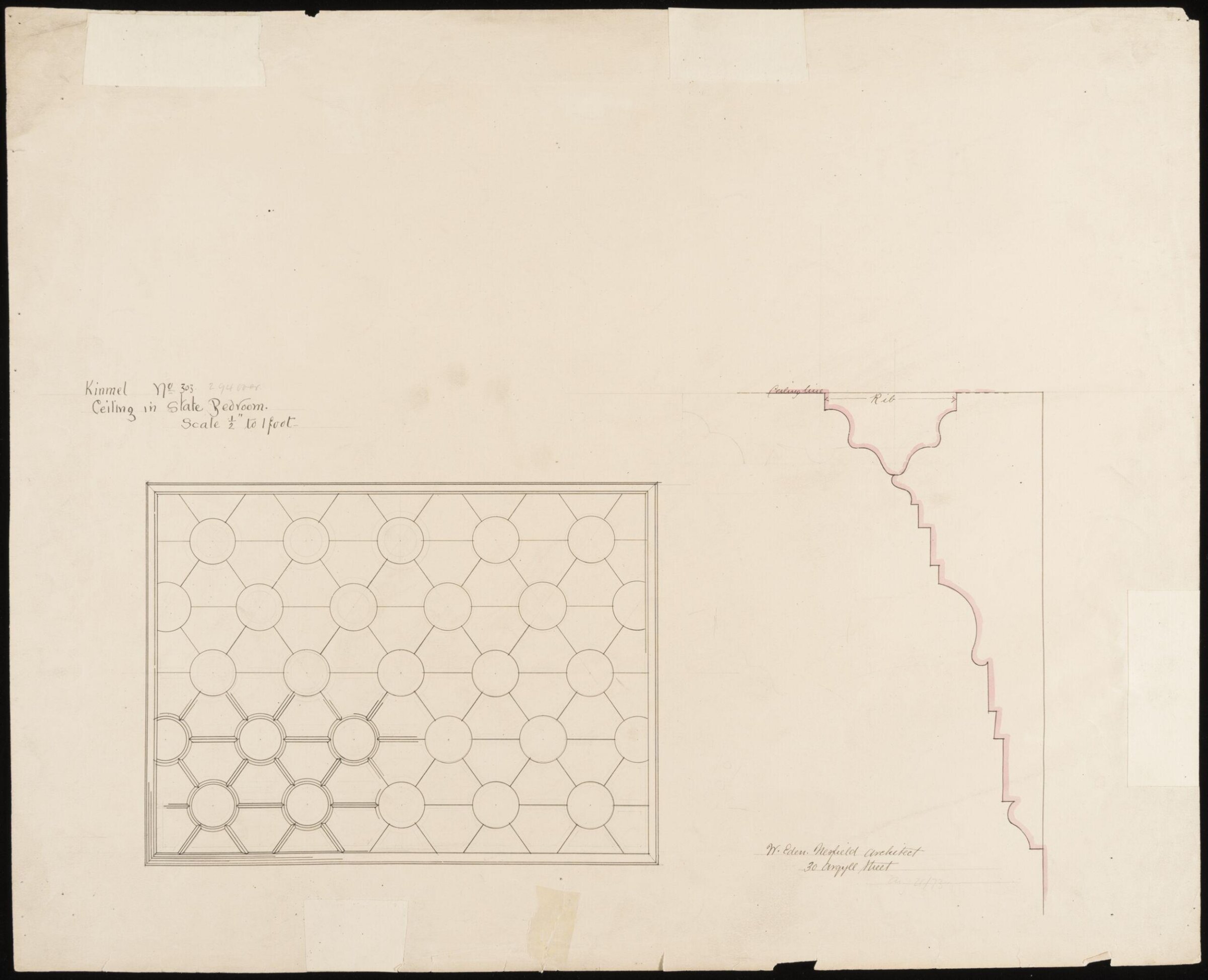 Kinmel Hall, drawing no. 294 295, and 303, state bedroom details, William Eden Nesfield, 1873