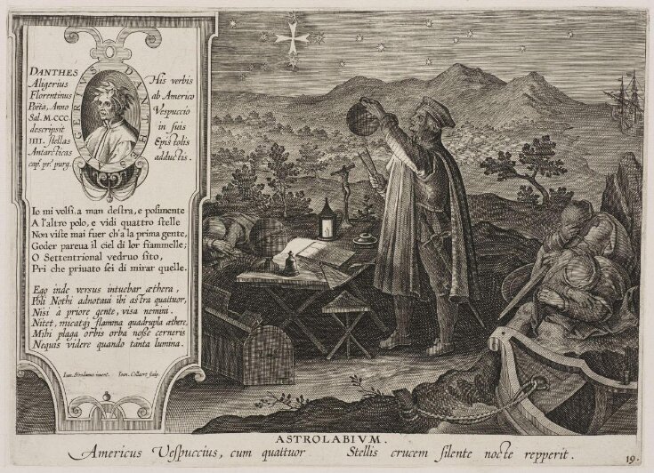 Nova Reperta [New Inventions of Modern Times] Plate 18: Amerigo Vespucci Discovering the Southern Cross with an Astrolabium  top image