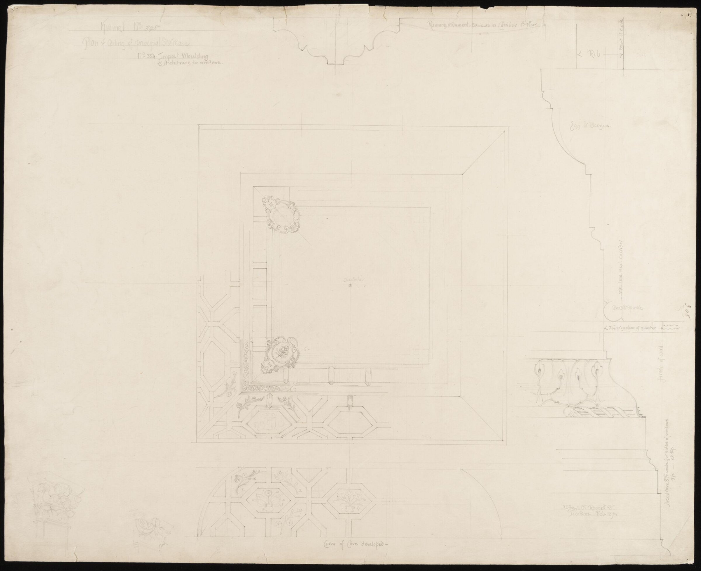 Kinmel Hall, drawing no. 348 and 354, plan of ceiling for principal staircase, William Eden Nesfield, 1874