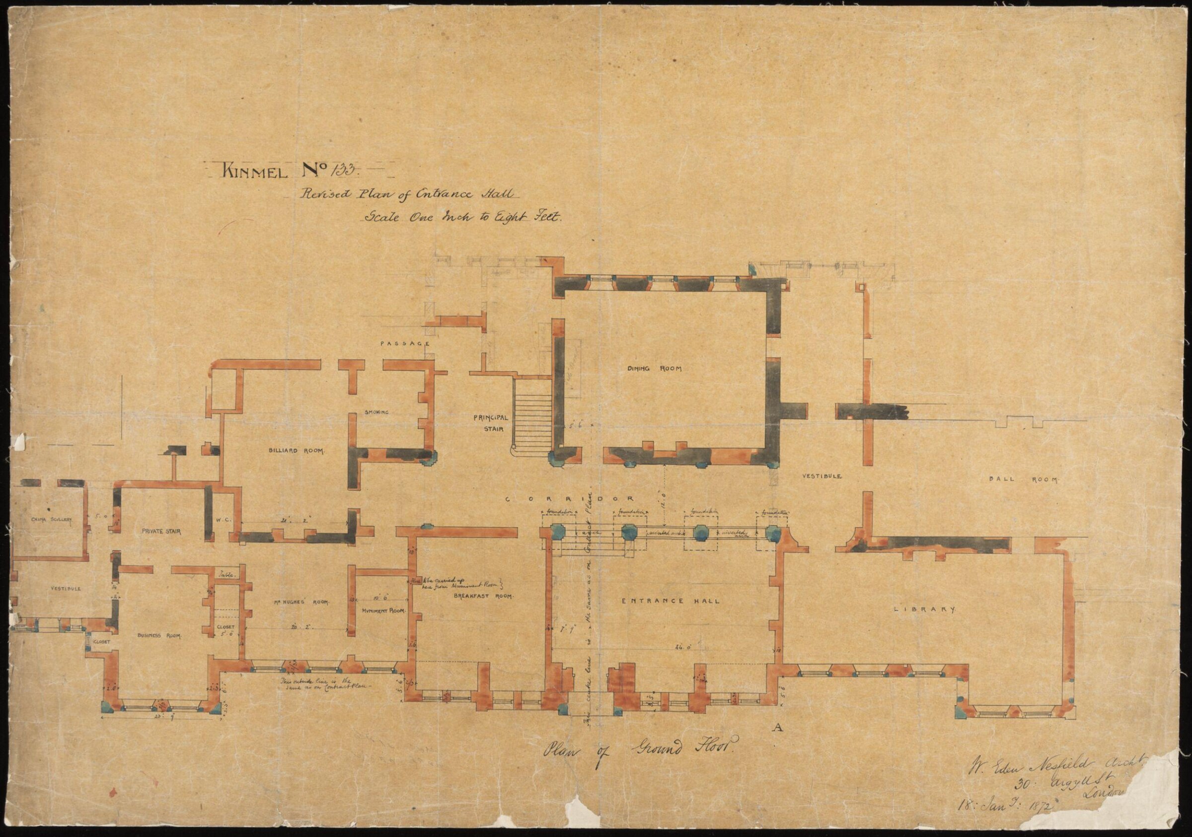 Kinmel Hall, drawing no. 133, revised plan for entrance hall, William Eden Nesfield, 18/01/1872