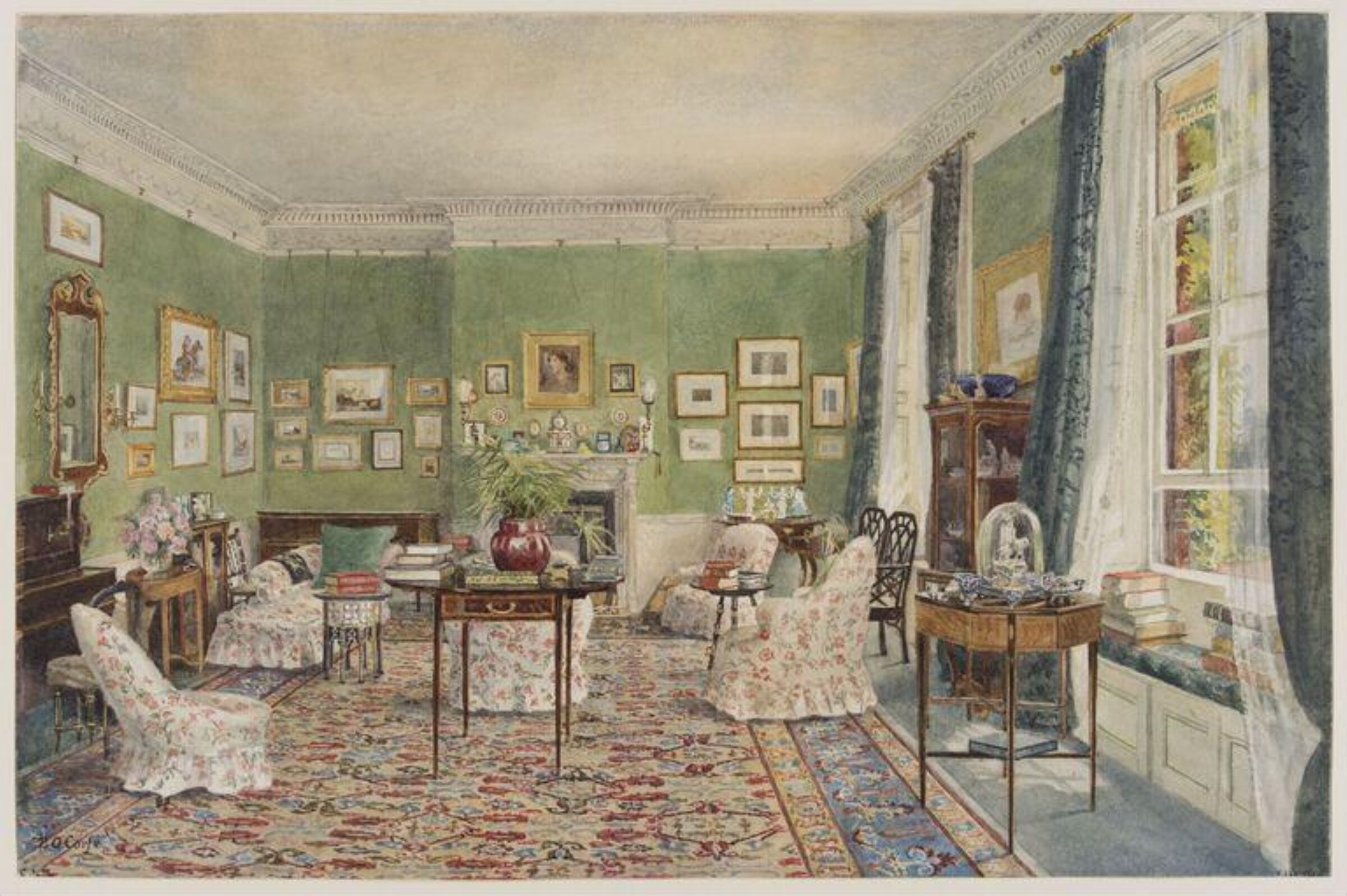 The Drawing room at 3, The Close, Winchester, Beatrice Olive Corfe, ca. 1900