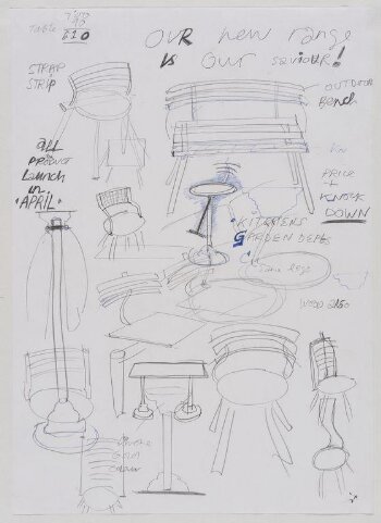 Sheet of rough sketches showing designs for chairs, benches and tables.