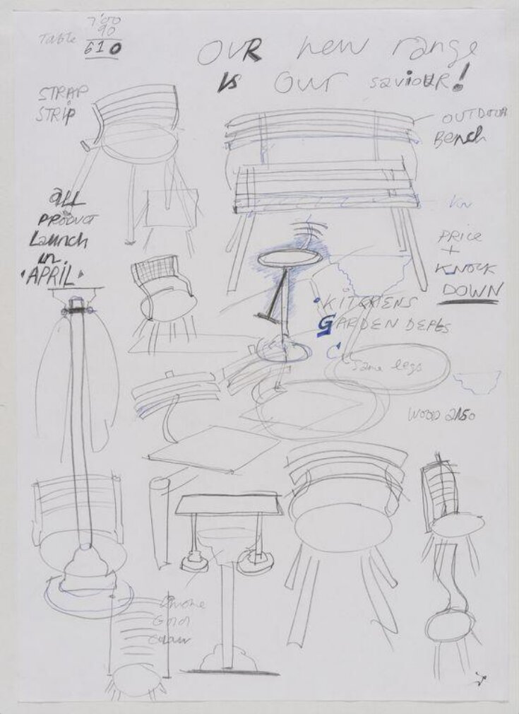 Sheet of rough sketches showing designs for chairs, benches and tables. image