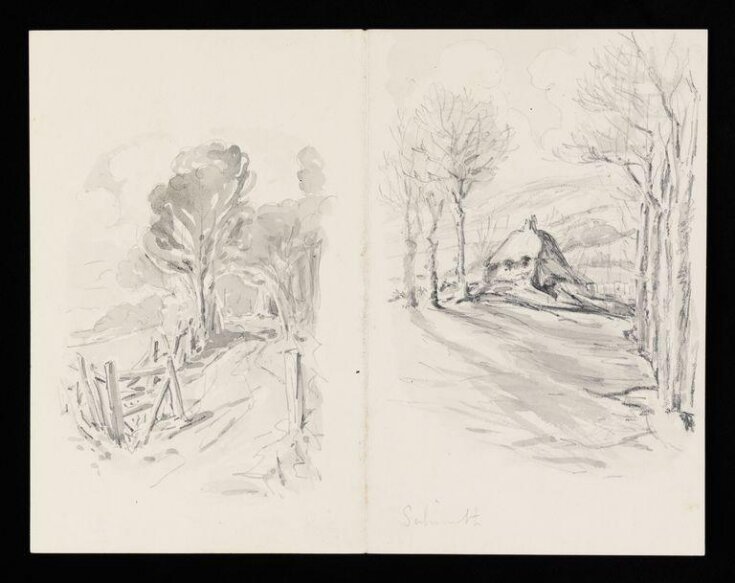 Two sketches: a path through trees and cottage with trees and distant hills top image