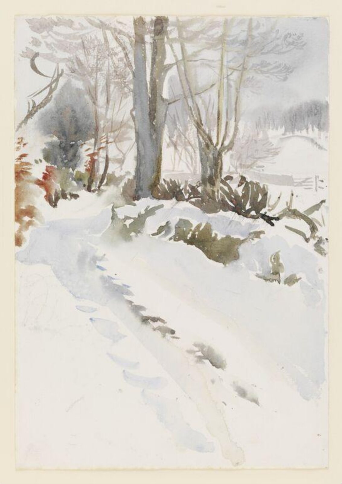 Cart track covered in snow, with fields beyond, Beatrix Potter, ca. 1913