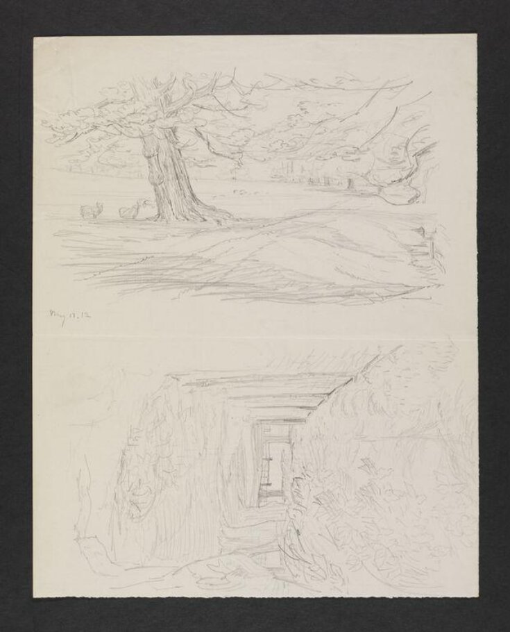Drawings of parkland and a pathway through trees top image