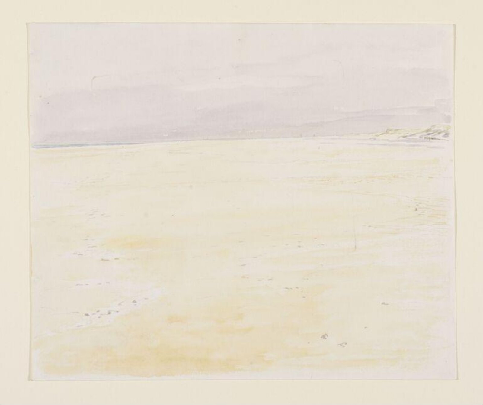 A flat, sandy beach with a purplish sky beyond, Beatrix Potter, late 19th century