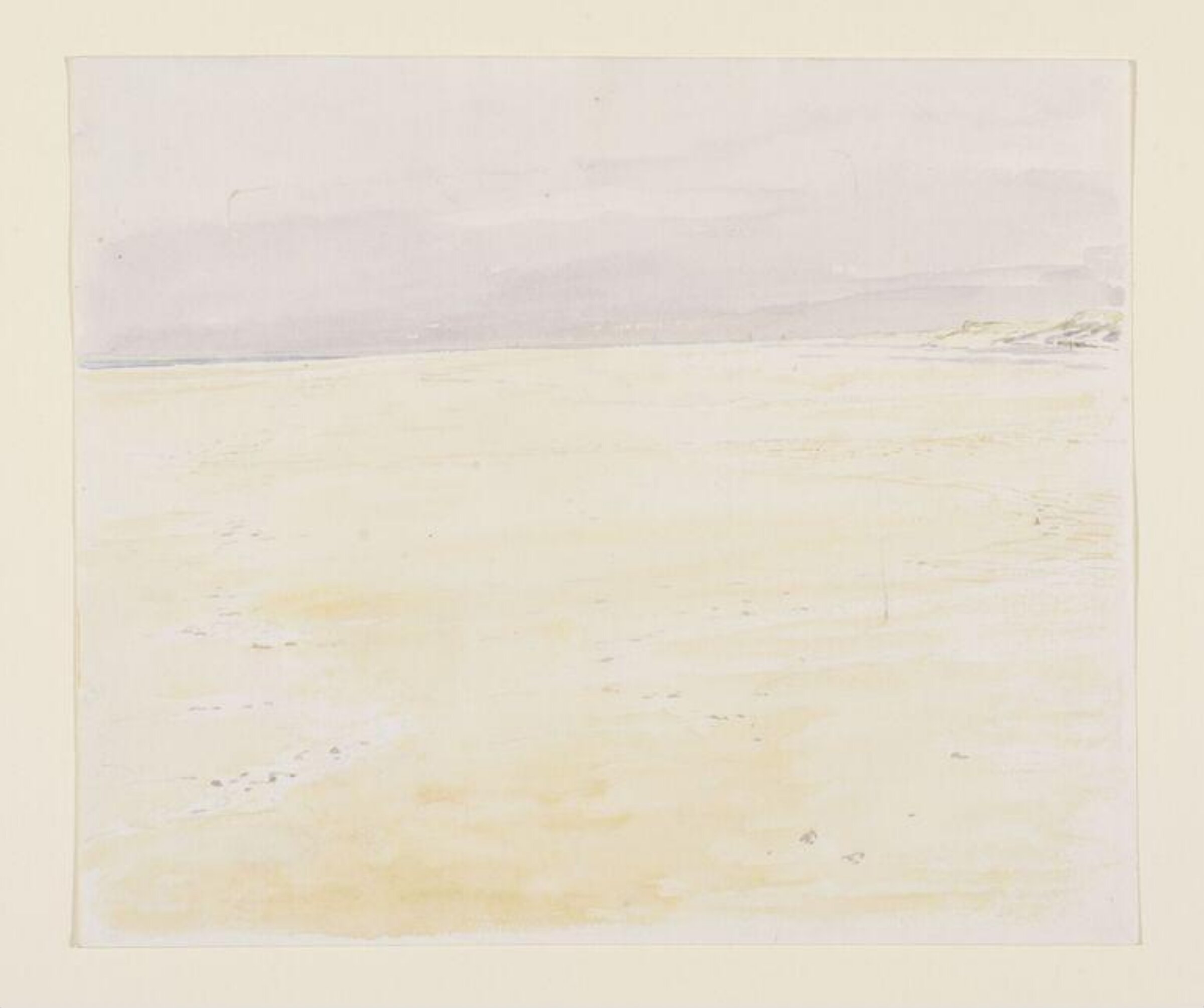 A flat, sandy beach with a purplish sky beyond, Beatrix Potter, late 19th century
