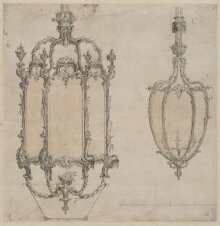 Two designs for rococo chandeliers which appeared as plate no.153 in The Gentleman and Cabinet-Maker's Director (1762 ed.), in pen and ink and wash, ca.1753-1762, Thomas Chippendale thumbnail 1