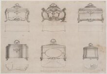 Six designs for tea chests which appeared as plate no.159 in The Gentleman and Cabinet Maker's Director (1762 ed.), Thomas Chippendale thumbnail 1