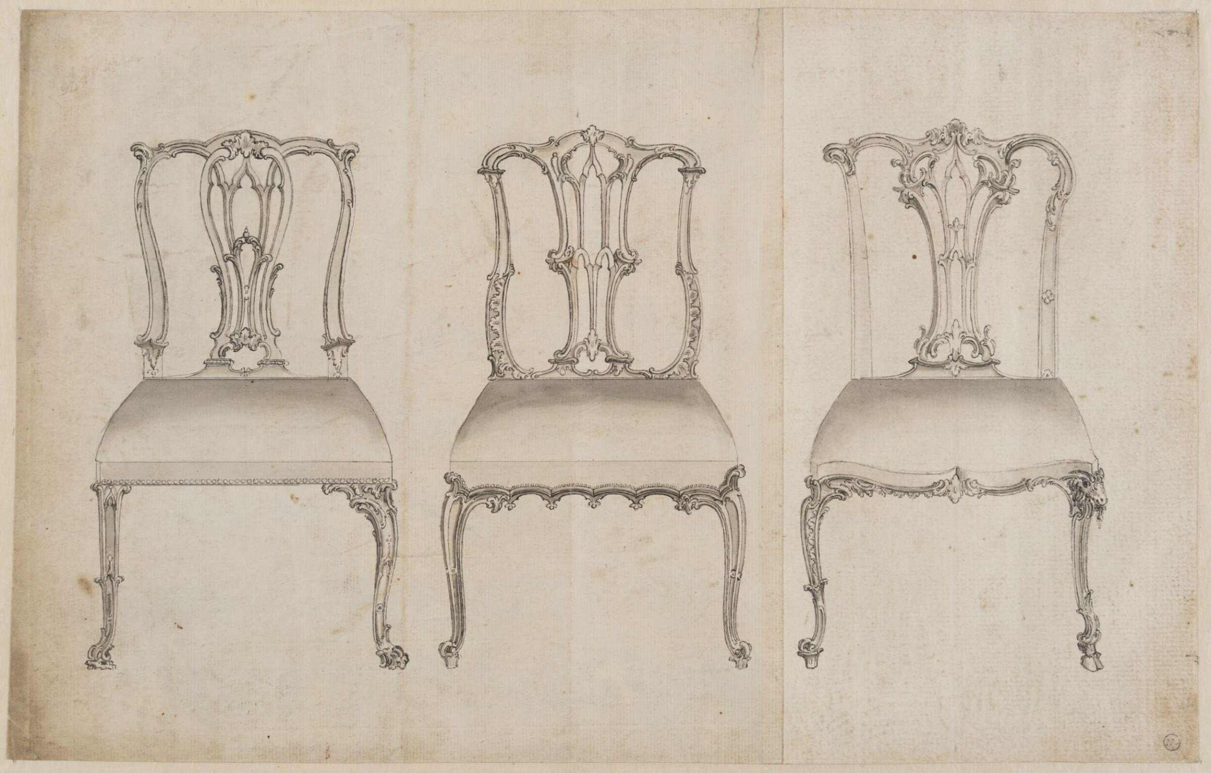 Three designs for ribbon-back chairs which appeared as plate no.14 in The Gentleman and Cabinet-Maker's Director (1762 ed.), Thomas Chippendale, Thomas Chippendale Senior, ca.1738-1762