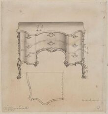 A design for a rococo commode which appeared as part of plate no.67 in The Gentleman and Cabinet-Maker's Director (1762 ed.), Thomas Chippendale thumbnail 1