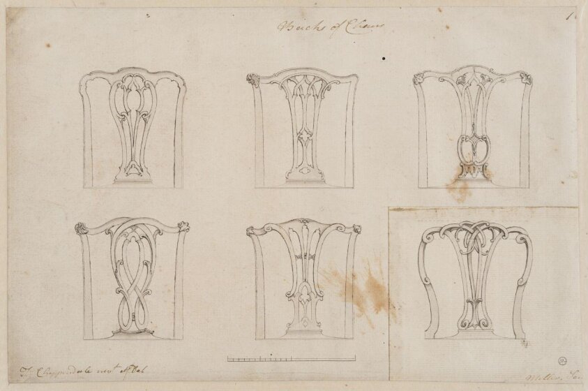 Six designs for ribbon-back chairs which appeared as plate no.16 in The Gentleman and Cabinet-Maker's Director (1762 ed.), Thomas Chippendale