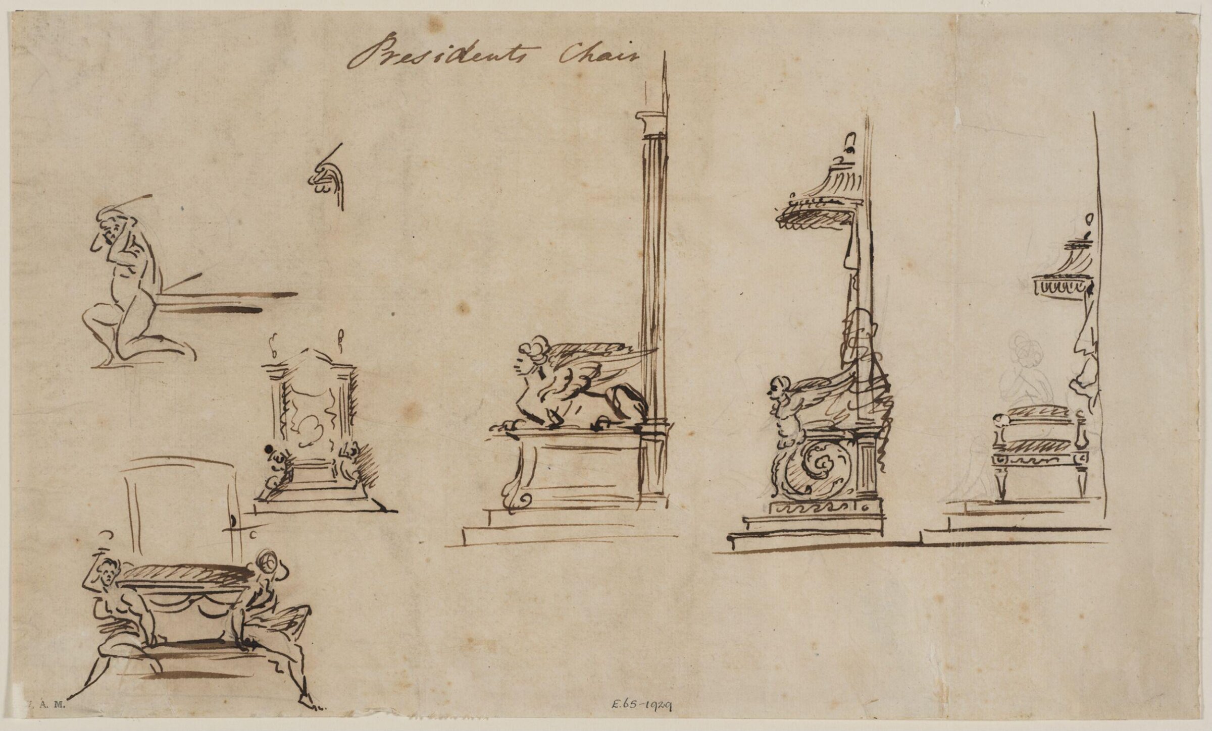 Design for a 'Presidents Chair' from A Miscellaneous Collection of Original Designs, made, and for the most part executed, during an extensive Practice of many years in the first line of his Profession, by John Linnell, Upholserer Carver & Cabinet Maker. Selected from his Portfolio's at his Decease, by C. H. Tatham Architect. AD 1800., John Linnell, late 18th century