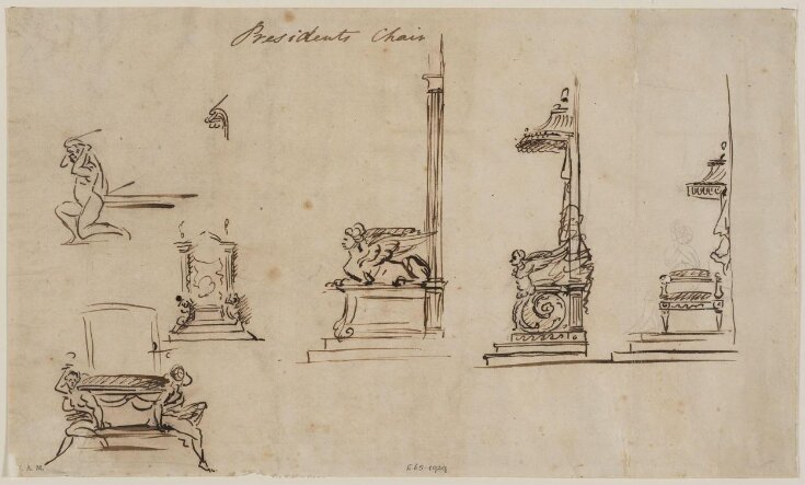 Design for a 'Presidents Chair' from A Miscellaneous Collection of Original Designs, made, and for the most part executed, during an extensive Practice of many years in the first line of his Profession, by John Linnell, Upholserer Carver & Cabinet Maker. Selected from his Portfolio's at his Decease, by C. H. Tatham Architect. AD 1800. top image