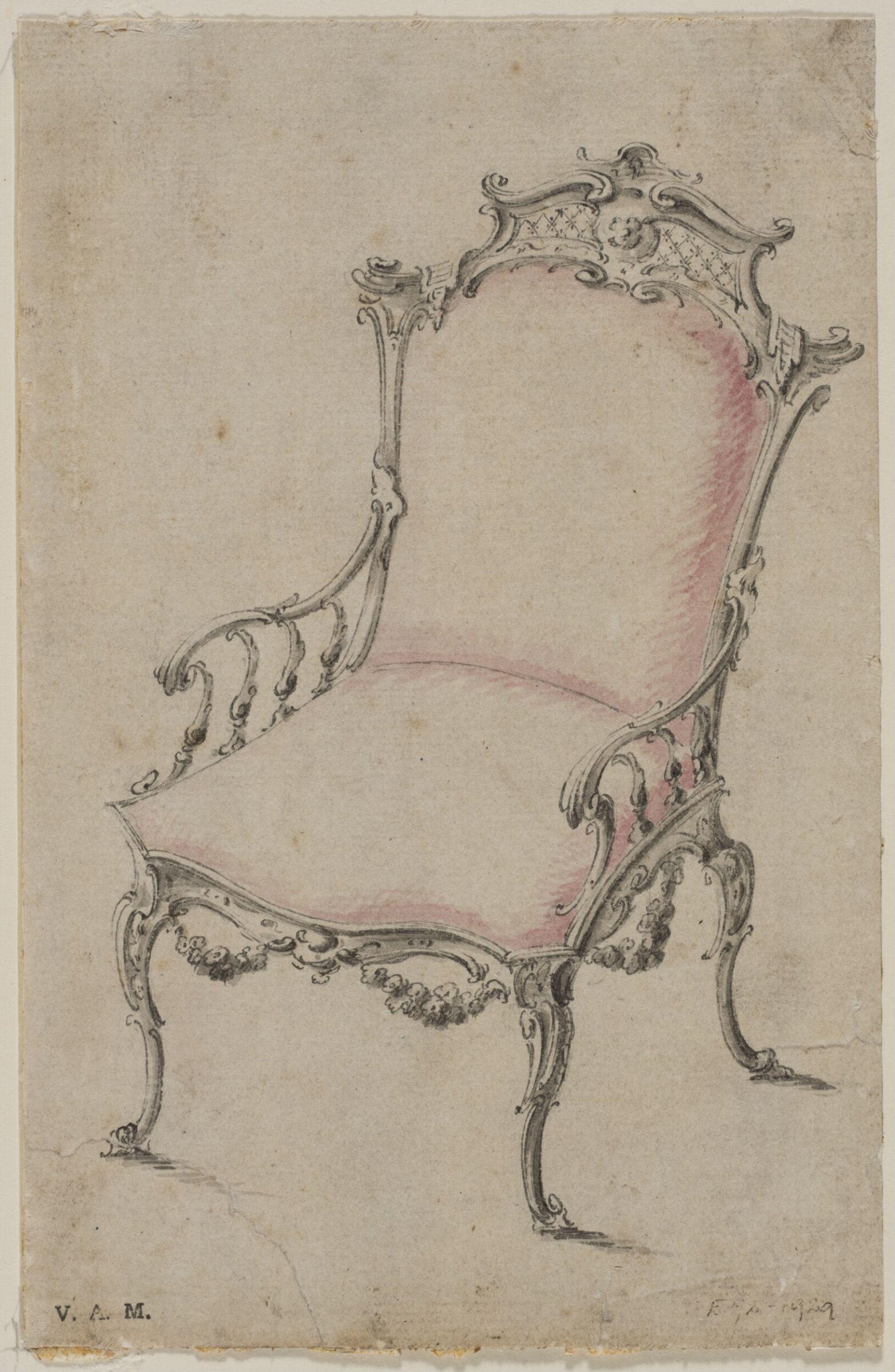 A design for an armchair from; A Miscellaneous Collection of Original Designs, made, and for the most part executed, during an extensive Practice of many years in the first line of his Profession, by John Linnell, Upholserer Carver & Cabinet Maker. Selected from his Portfolios at his Decease, by C. H. Tatham Architect. AD 1800., John Linnell, ca.1750