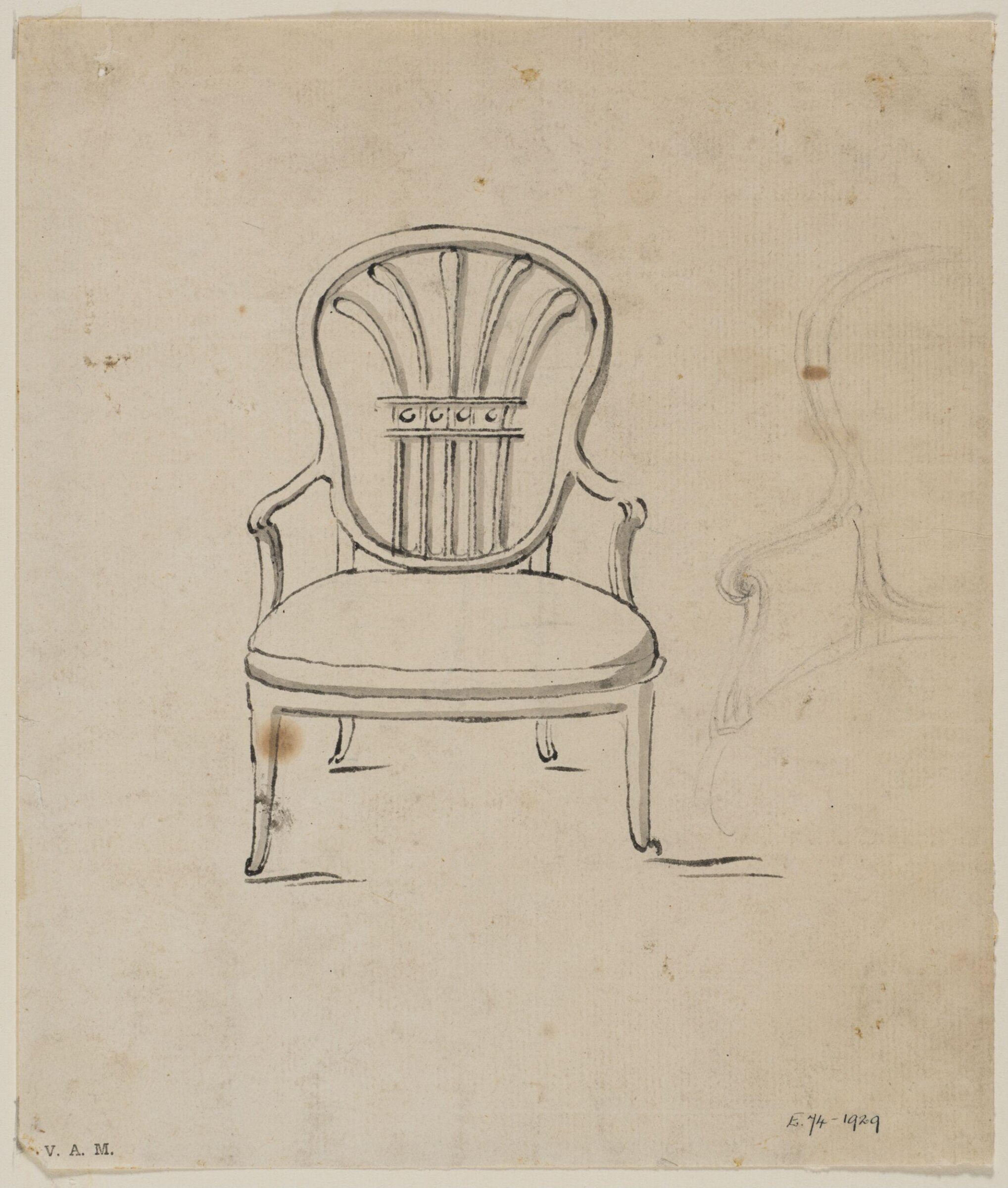 Design for an armchair from; A Miscellaneous Collection of Original Designs, made, and for the most part executed, during an extensive Practice of many years in the first line of his Profession, by John Linnell, Upholserer Carver & Cabinet Maker. Selected from his Portfolios at his Decease, by C. H. Tatham Architect. AD 1800., John Linnell, late 18th century