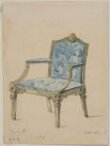 A design for an armchair in the neoclassical style from; A Miscellaneous Collection of Original Designs, made, and for the most part executed, during an extensive Practice of many years in the first line of his Profession, by John Linnell, Upholserer Carver & Cabinet Maker. Selected from his Portfolios at his Decease, by C. H. Tatham Architect. AD 1800. thumbnail 2