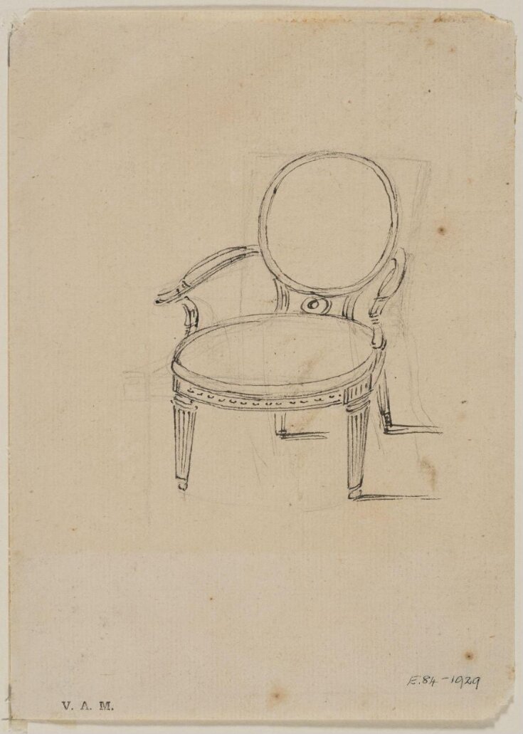 Design for a circular-back armchair from; A Miscellaneous Collection of Original Designs, made, and for the most part executed, during an extensive Practice of many years in the first line of his Profession, by John Linnell, Upholserer Carver & Cabinet Maker. Selected from his Portfolios at his Decease, by C. H. Tatham Architect. AD 1800. top image