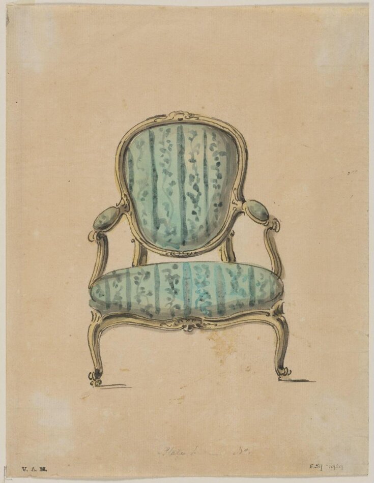Design For An Armchair From A Miscellaneous Collection of Original Designs, made, and for the most part executed, during an extensive Practice of many years in the first line of his Profession, by John Linnell, Upholsterer Carver & Cabinet Maker. Selected from his Portfolios at his Decease, by C. H. Tatham Architect. AD 1800. top image