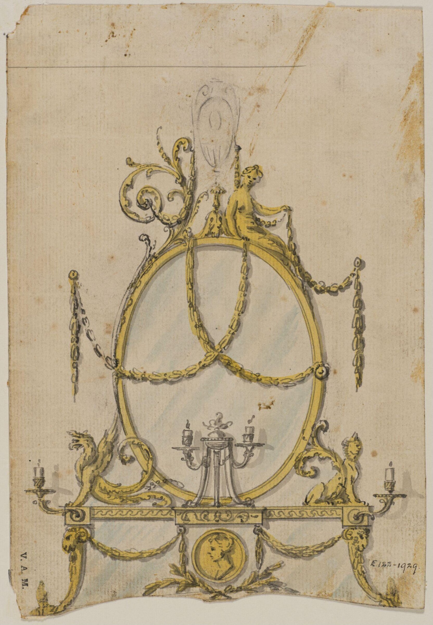 Design for a frame to surmount a sofa in the neoclassical style from; A Miscellaneous Collection of Original Designs, made, and for the most part executed, during an extensive Practice of many years in the first line of his Profession, by John Linnell, Upholsterer Carver & Cabinet Maker. Selected from his Portfolios at his Decease, by C. H. Tatham Architect. AD 1800., John Linnell, ca.1767-1770