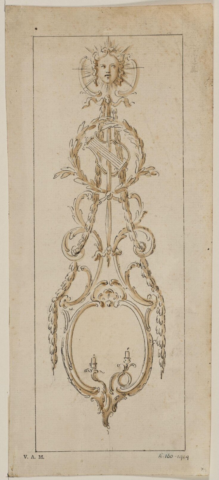 Design for a sconce with the mask of Apollo from; A Miscellaneous Collection of Original Designs, made, and for the most part executed, during an extensive Practice of many years in the first line of his Profession, by John Linnell, Upholsterer Carver & Cabinet Maker. Selected from his Portfolios at his Decease, by C. H. Tatham Architect. AD 1800. top image
