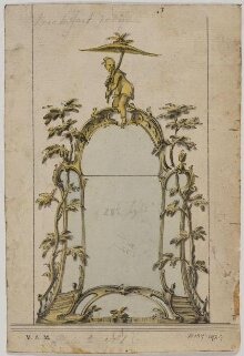 Design for a chinoiserie-inspired pier-glass from; A Miscellaneous Collection of Original Designs, made, and for the most part executed, during an extensive Practice of many years in the first line of his Profession, by John Linnell, Upholsterer Carver & Cabinet Maker. Selected from his Portfolios at his Decease, by C. H. Tatham Architect. AD 1800. thumbnail 1