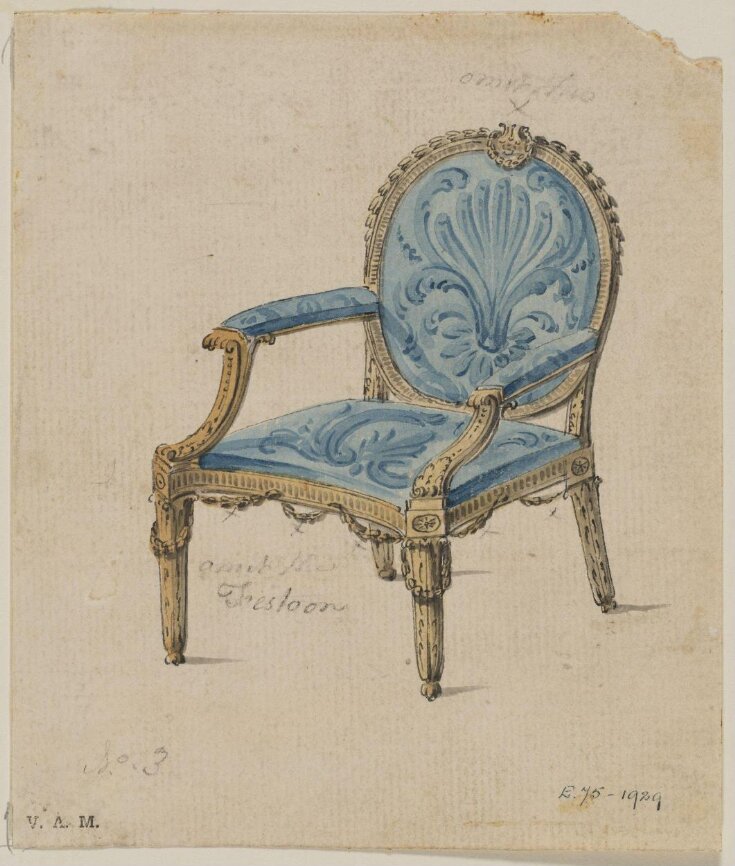 A design for an armchair from; a Miscellaneous Collection of Original Designs, made, and for the most part executed, during an extensive Practice of many years in the first line of his Profession, by John Linnell, Upholserer Carver & Cabinet Maker. Selected from his Portfolios at his Decease, by C. H. Tatham Architect. AD 1800. top image