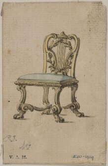 Design for a lyre-back chair from; A Miscellaneous Collection of Original Designs, made, and for the most part executed, during an extensive Practice of many years in the first line of his Profession, by John Linnell, Upholserer Carver & Cabinet Maker. Selected from his Portfolios at his Decease, by C. H. Tatham Architect. AD 1800. thumbnail 1