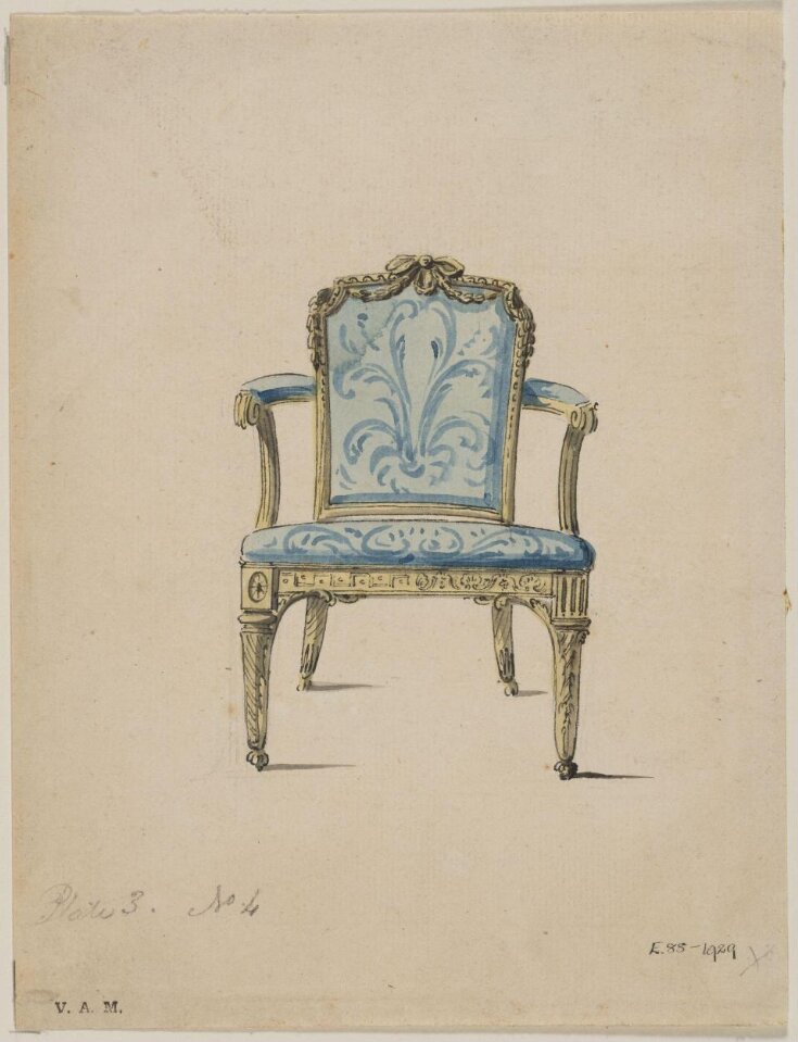 Design for an armchair from; A Miscellaneous Collection of Original Designs, made, and for the most part executed, during an extensive Practice of many years in the first line of his Profession, by John Linnell, Upholserer Carver & Cabinet Maker. Selected from his Portfolio's at his Decease, by C. H. Tatham Architect. AD 1800. top image