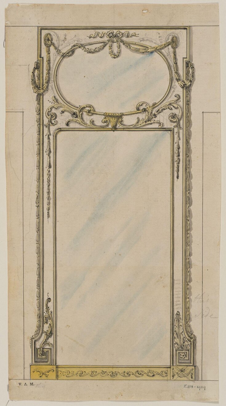Design for a pier-glass with foliage from; A Miscellaneous Collection of Original Designs, made, and for the most part executed, during an extensive Practice of many years in the first line of his Profession, by John Linnell, Upholsterer Carver & Cabinet Maker. Selected from his Portfolios at his Decease, by C. H. Tatham Architect. AD 1800. top image
