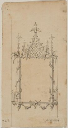 Design for a pier-glass in the gothic style from; A Miscellaneous Collection of Original Designs, made, and for the most part executed, during an extensive Practice of many years in the first line of his Profession, by John Linnell, Upholsterer Carver & Cabinet Maker. Selected from his Portfolios at his Decease, by C. H. Tatham Architect. AD 1800. thumbnail 1