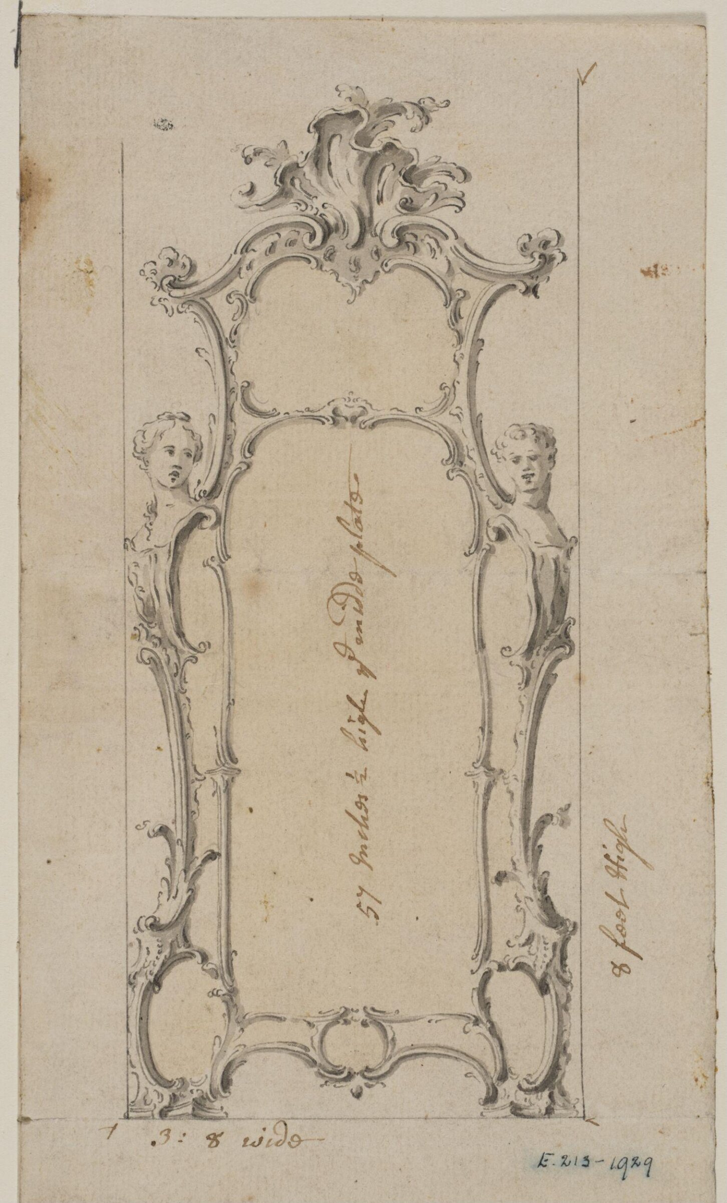 Design for a pier-glass with two caryatids from; A Miscellaneous Collection of Original Designs, made, and for the most part executed, during an extensive Practice of many years in the first line of his Profession, by John Linnell, Upholsterer Carver & Cabinet Maker. Selected from his Portfolios at his Decease, by C. H. Tatham Architect. AD 1800., John Linnell, late 18th century