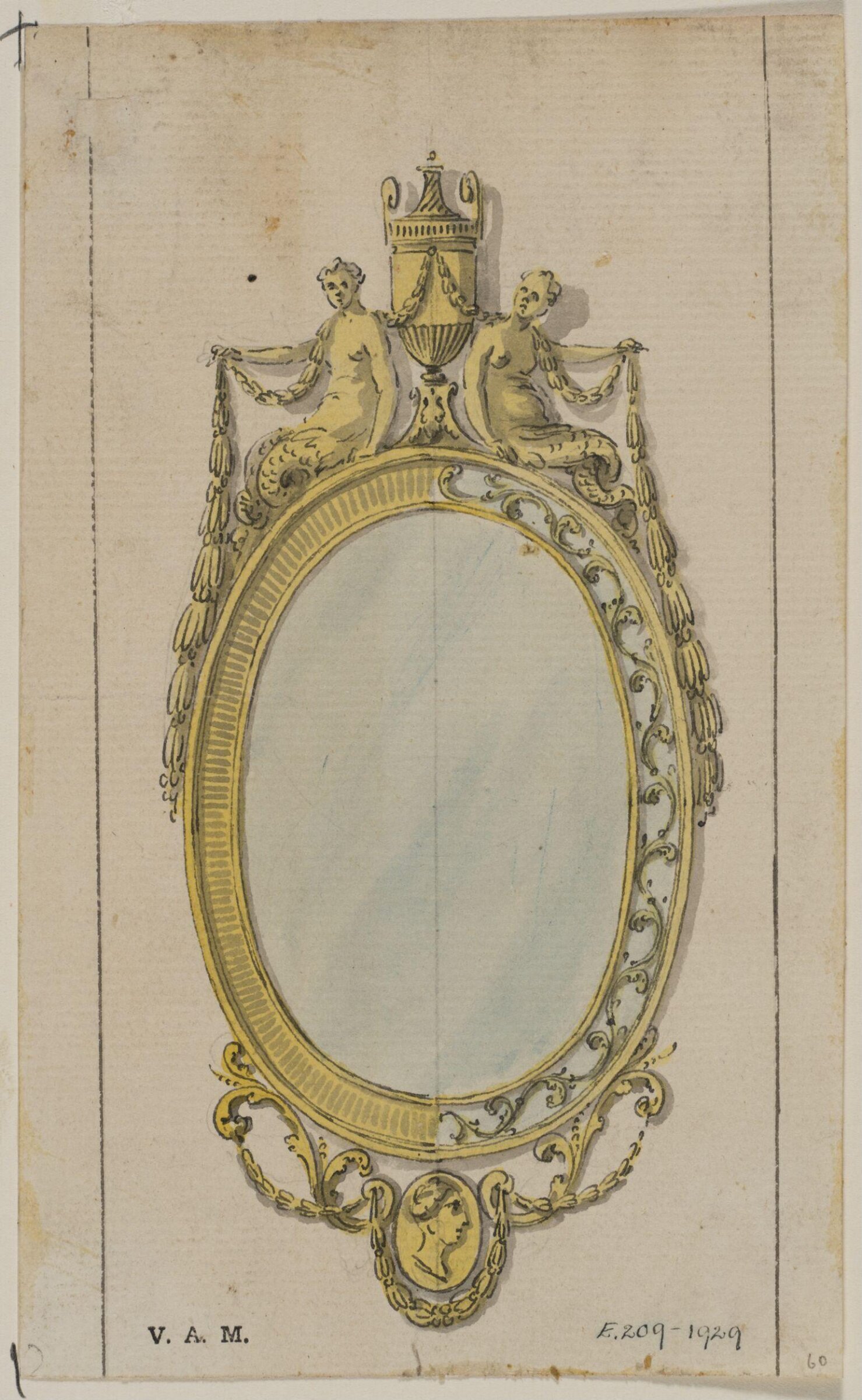 Design for a neoclassical pier-glass from; A Miscellaneous Collection of Original Designs, made, and for the most part executed, during an extensive Practice of many years in the first line of his Profession, by John Linnell, Upholsterer Carver & Cabinet Maker. Selected from his Portfolios at his Decease, by C. H. Tatham Architect. AD 1800., John Linnell, late 18th century