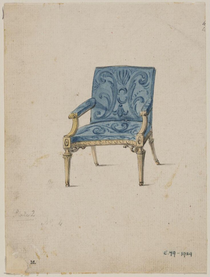 Design for an upholstered armchair from; A Miscellaneous Collection of Original Designs, made, and for the most part executed, during an extensive Practice of many years in the first line of his Profession, by John Linnell, Upholserer Carver & Cabinet Maker. Selected from his Portfolios at his Decease, by C. H. Tatham Architect. AD 1800. top image