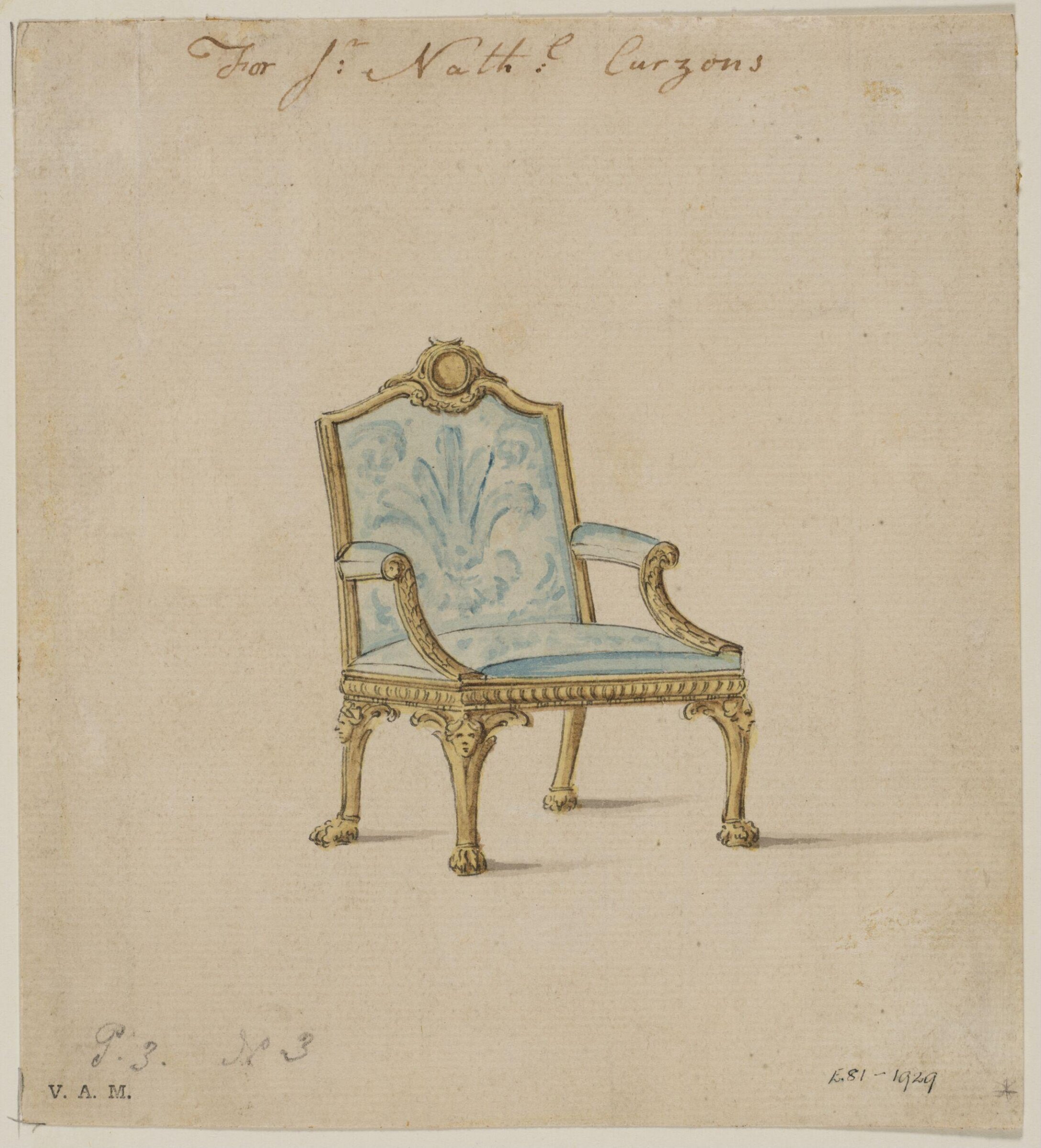 Design for an armchair for Nathaniel Curzon from; A Miscellaneous Collection of Original Designs, made, and for the most part executed, during an extensive Practice of many years in the first line of his Profession, by John Linnell, Upholserer Carver & Cabinet Maker. Selected from his Portfolios at his Decease, by C. H. Tatham Architect. AD 1800., John Linnell, ca.1760-1761
