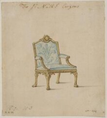 Design for an armchair for Nathaniel Curzon from; A Miscellaneous Collection of Original Designs, made, and for the most part executed, during an extensive Practice of many years in the first line of his Profession, by John Linnell, Upholserer Carver & Cabinet Maker. Selected from his Portfolios at his Decease, by C. H. Tatham Architect. AD 1800. thumbnail 1
