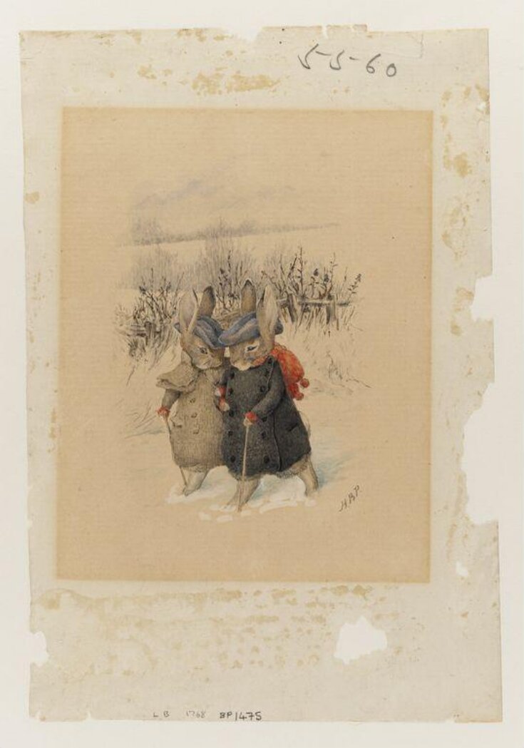 Two rabbits in hats and coats with walking sticks walking through snow top image